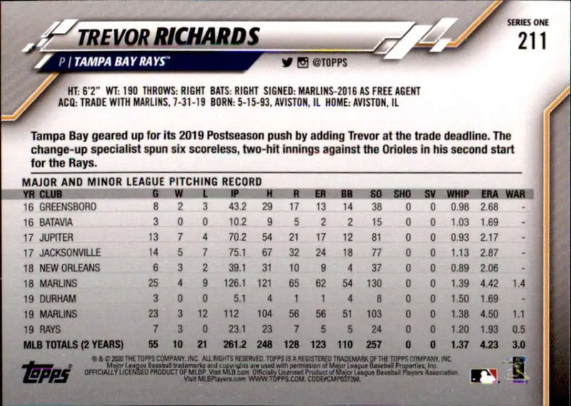 2020 Topps #211 Trevor Richards NM-MT Tampa Bay Rays Baseball Card - Baseball Card Single