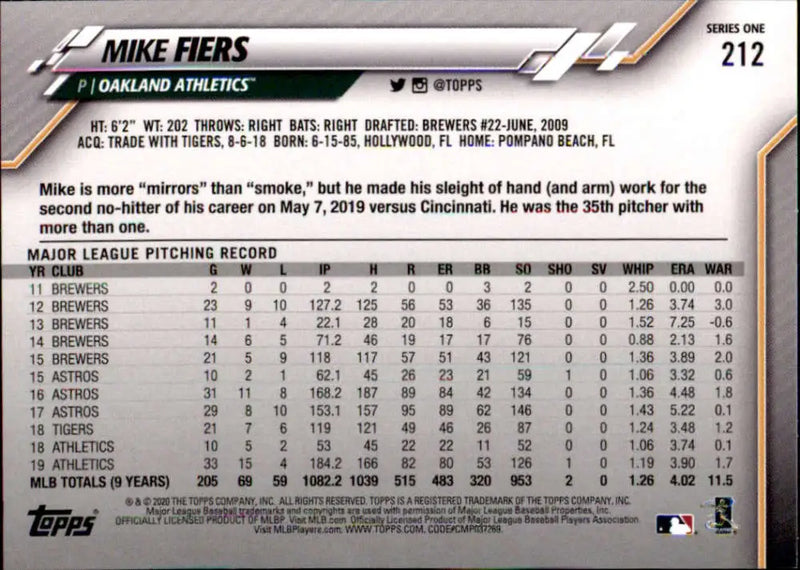 2020 Topps #212 Mike Fiers NM-MT Oakland Athletics Baseball Card - Baseball Card Single