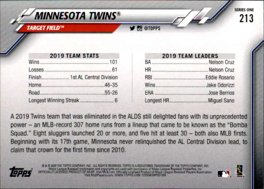2020 Topps #213 Minnesota Twins NM-MT Baseball Card - Baseball Card Single