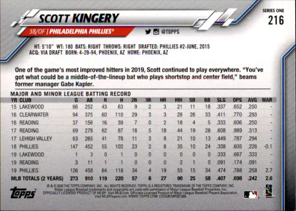 2020 Topps #216 Scott Kingery NM-MT Philadelphia Phillies Baseball Card - Baseball Card Single
