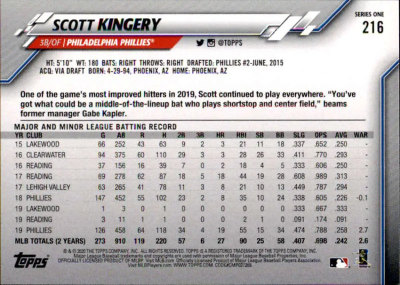 2020 Topps #216 Scott Kingery NM-MT Philadelphia Phillies Baseball Card - Baseball Card Single