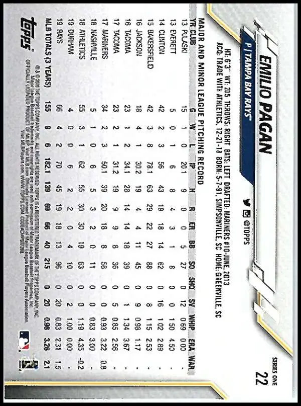 2020 Topps #22 Emilio Pagan NM-MT Tampa Bay Rays Baseball Card - Baseball Card Single