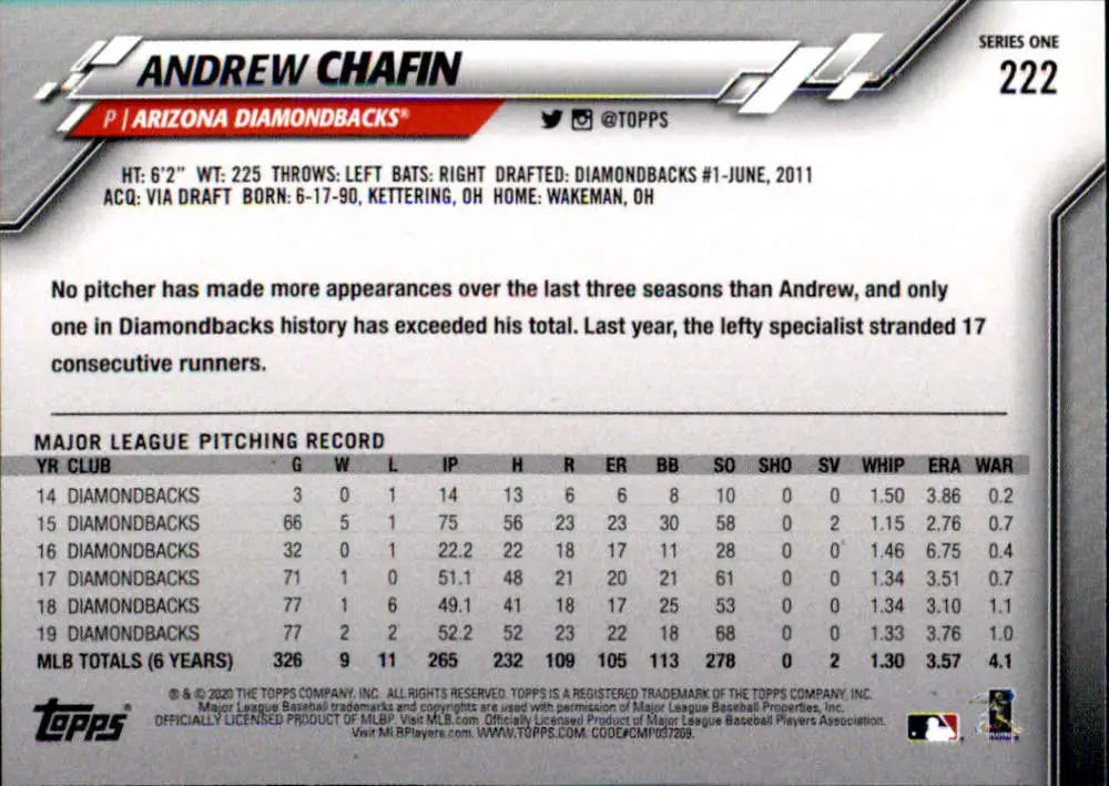 2020 Topps #222 Andrew Chafin NM-MT Arizona Diamondbacks Baseball Card - Baseball Card Single