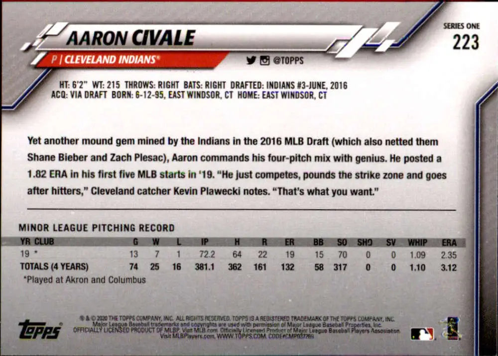 2020 Topps #223 Aaron Civale NM-MT RC Rookie Cleveland Indians Baseball Card - Baseball Card Single