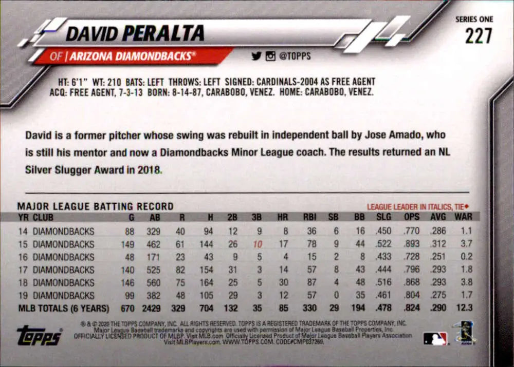 2020 Topps #227 David Peralta NM-MT Arizona Diamondbacks Baseball Card - Baseball Card Single