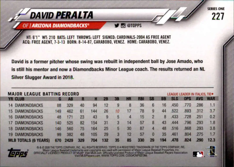 2020 Topps #227 David Peralta NM-MT Arizona Diamondbacks Baseball Card - Baseball Card Single