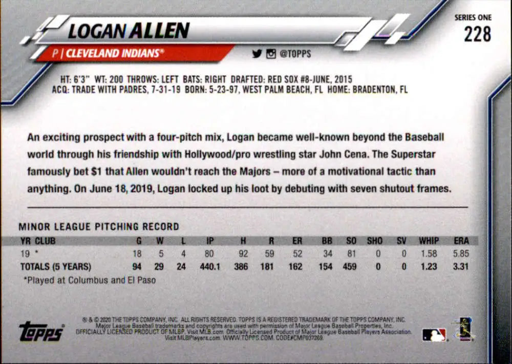 2020 Topps #228 Logan Allen NM-MT RC Rookie Cleveland Indians Baseball Card - Baseball Card Single