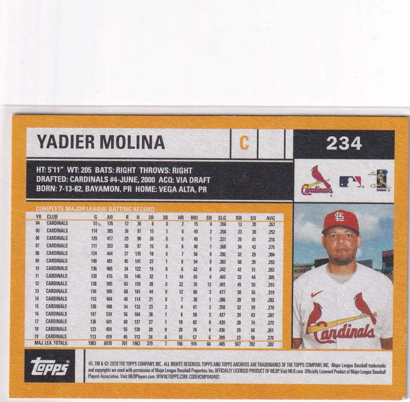 2020 TOPPS #234 YADIER MOLINA- ST LOUIS CARDINALS - Baseball Card Single