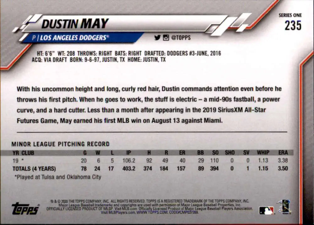 2020 Topps #235 Dustin May NM-MT RC Rookie Los Angeles Dodgers Baseball Card - Baseball Card Single