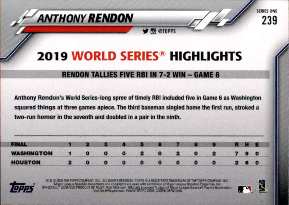 2020 Topps #239 Anthony Rendon NM-MT Washington Nationals Baseball Card - Baseball Card Single