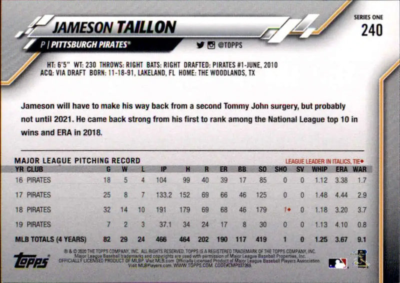 2020 Topps #240 Jameson Taillon NM-MT Pittsburgh Pirates Baseball Card - Baseball Card Single