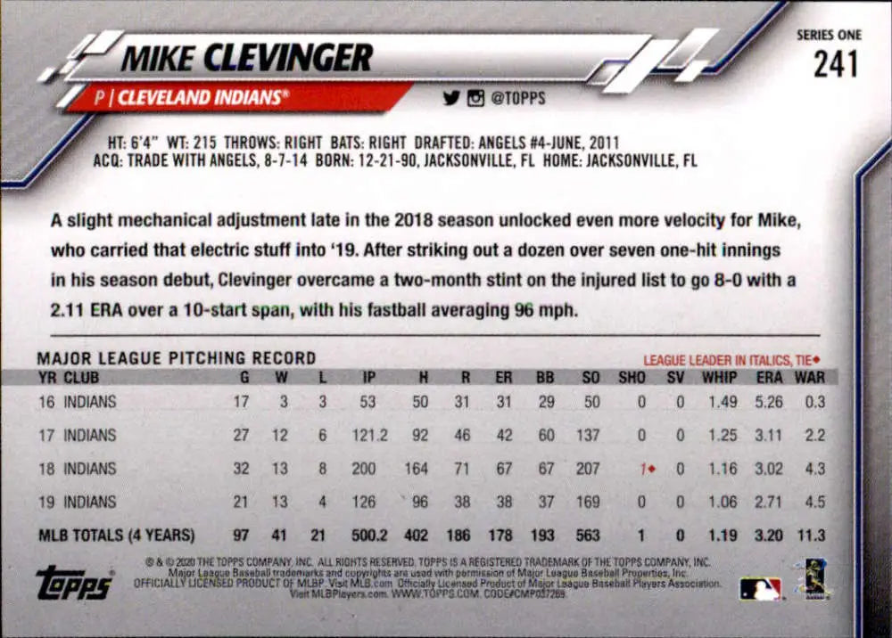 2020 Topps #241 Mike Clevinger NM-MT Cleveland Indians Baseball Card - Baseball Card Single