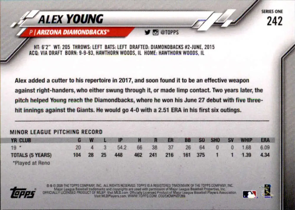 2020 Topps #242 Alex Young NM-MT RC Rookie Arizona Diamondbacks Baseball Card - Baseball Card Single