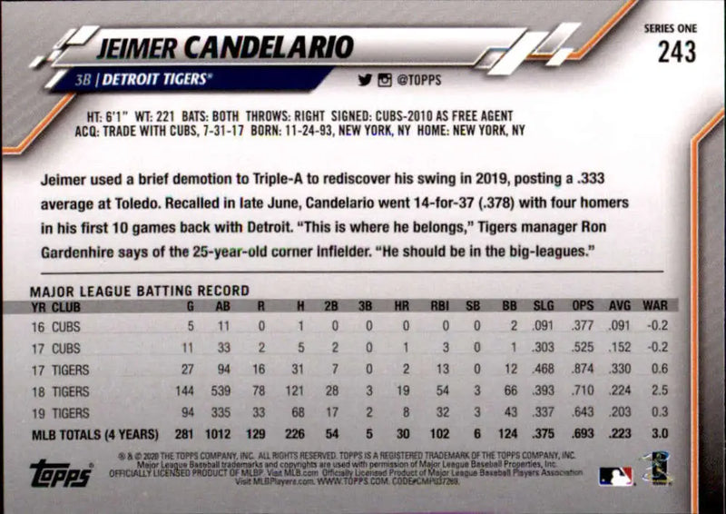 2020 Topps #243 Jeimer Candelario NM-MT Detroit Tigers Baseball Card - Baseball Card Single