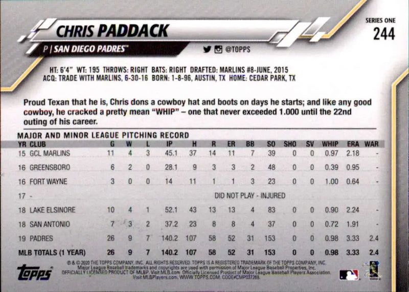 2020 Topps #244 Chris Paddack NM-MT San Diego Padres Baseball Card - Baseball Card Single