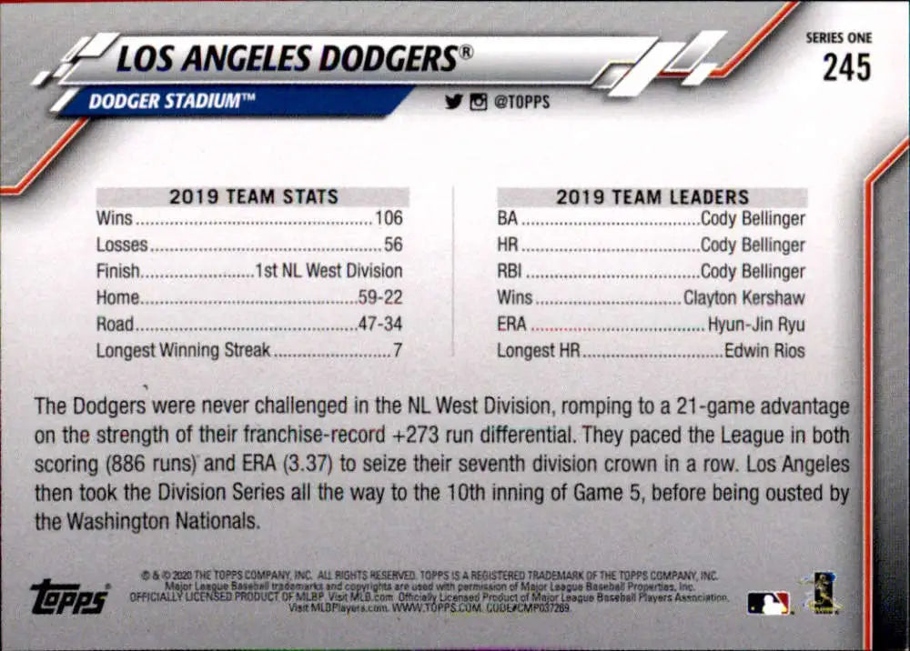2020 Topps #245 Los Angeles Dodgers NM-MT Baseball Card - Baseball Card Single