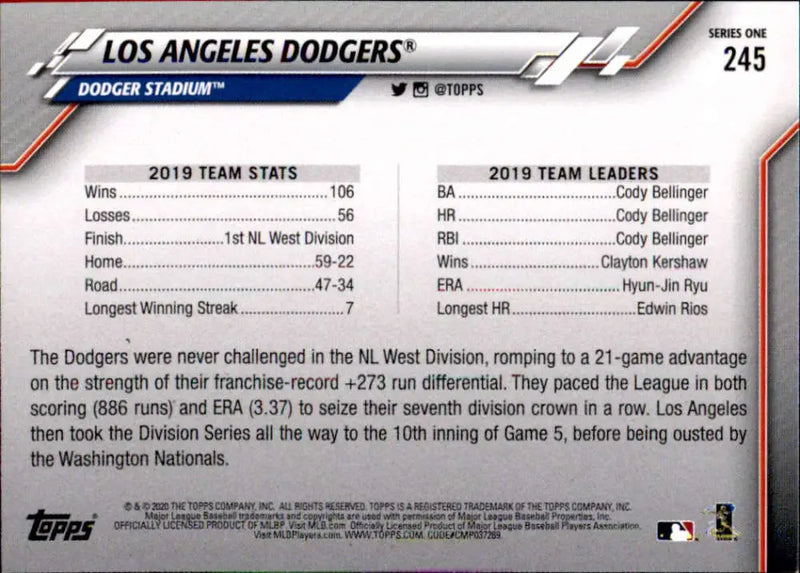 2020 Topps #245 Los Angeles Dodgers NM-MT Baseball Card - Baseball Card Single