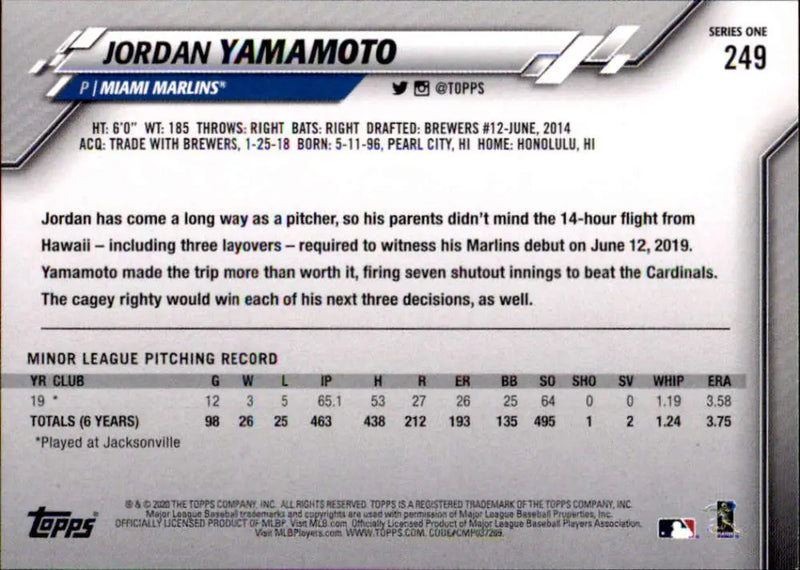 2020 Topps #249 Jordan Yamamoto NM-MT RC Rookie Miami Marlins Baseball Card - Baseball Card Single