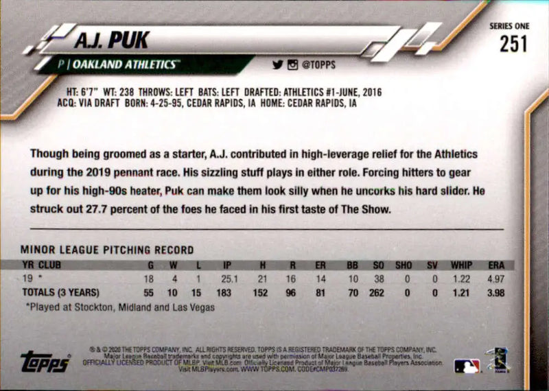 2020 Topps #251 A.J. Puk NM-MT RC Rookie Oakland Athletics Baseball Card - Baseball Card Single
