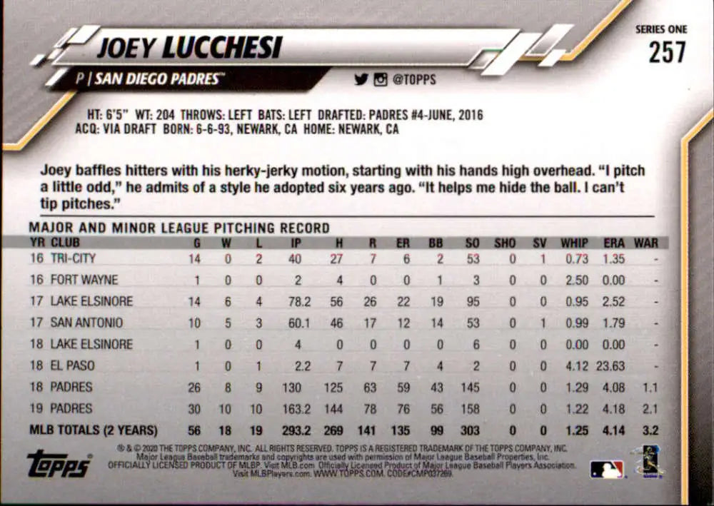 2020 Topps #257 Joey Lucchesi NM-MT San Diego Padres Baseball Card - Baseball Card Single