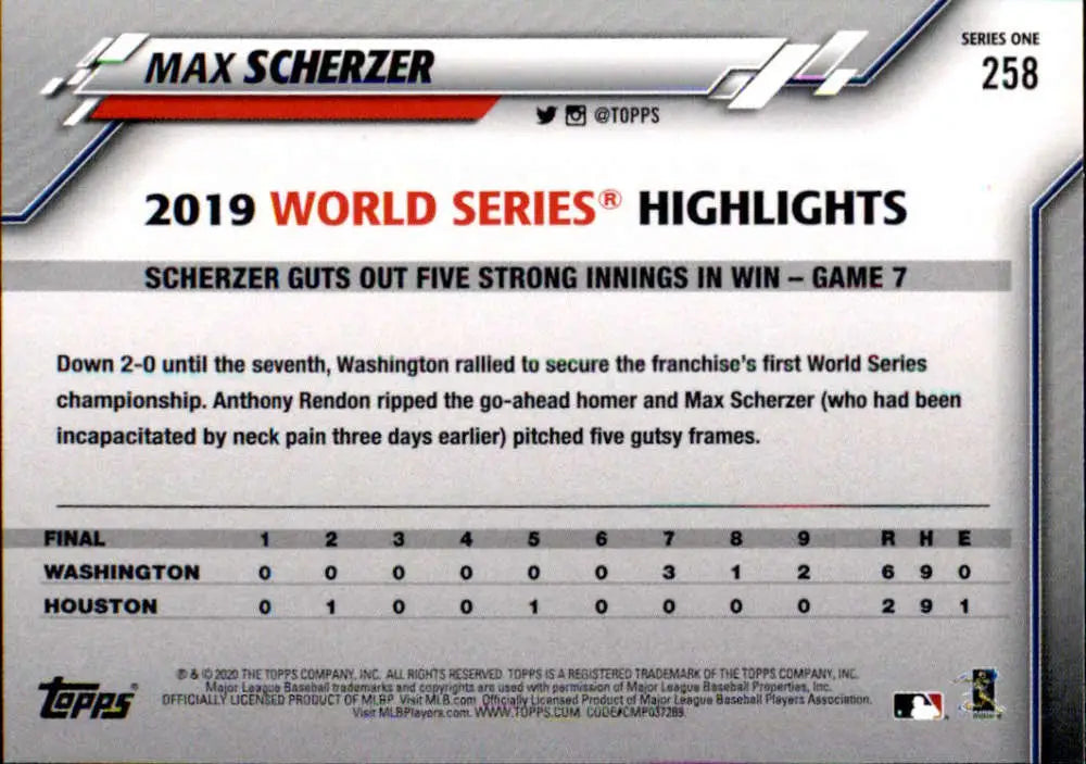2020 Topps #258 Max Scherzer NM-MT Washington Nationals Baseball Card - Baseball Card Single