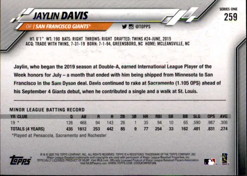 2020 Topps #259 Jaylin Davis NM-MT RC Rookie San Francisco Giants Baseball Card - Baseball Card Single