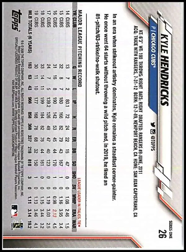 2020 Topps #26 Kyle Hendricks NM-MT Chicago Cubs Baseball Card - Baseball Card Single