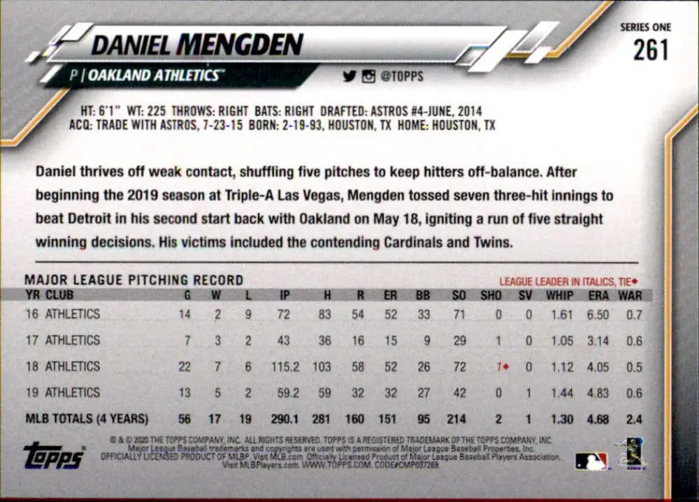 2020 Topps #261 Daniel Mengden NM-MT Oakland Athletics Baseball Card - Baseball Card Single