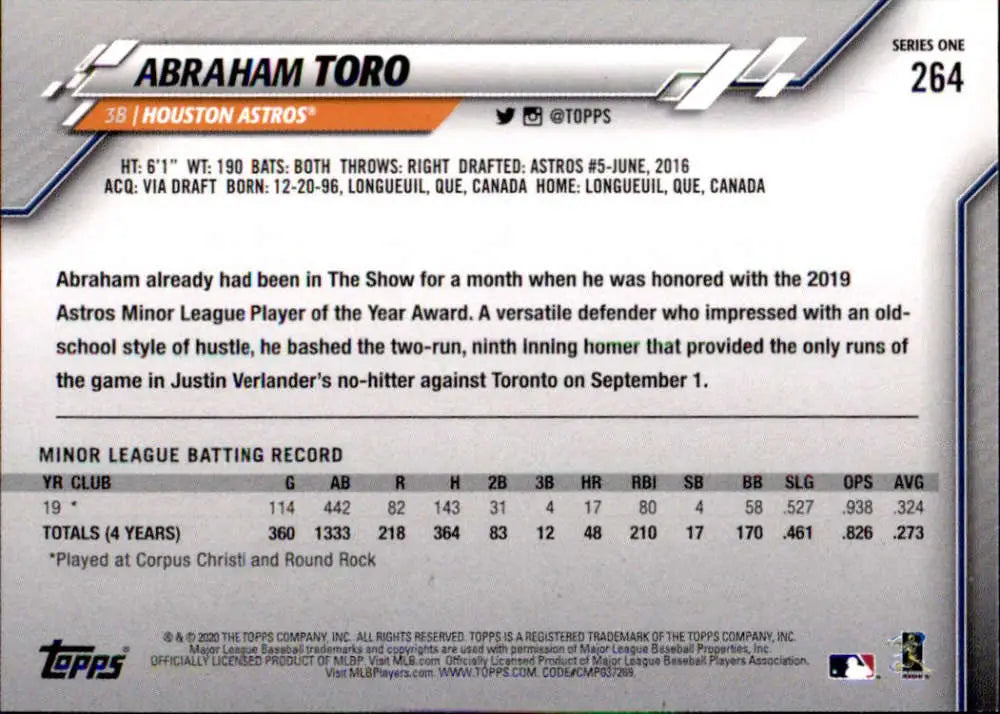2020 Topps #264 Abraham Toro NM-MT RC Rookie Houston Astros Baseball Card - Baseball Card Single