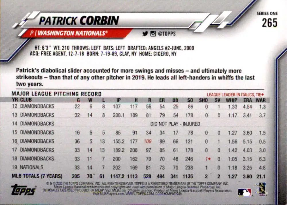 2020 Topps #265 Patrick Corbin NM-MT Washington Nationals Baseball Card - Baseball Card Single