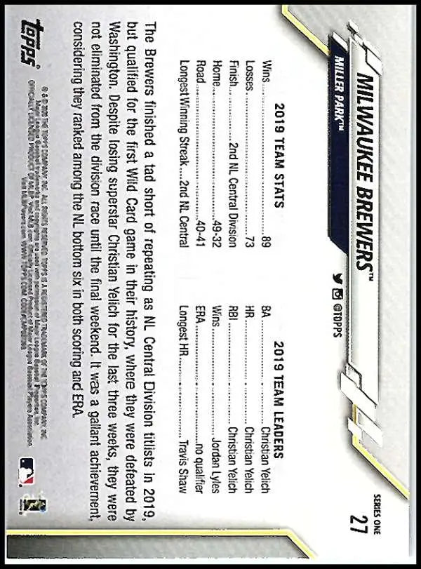 2020 Topps #27 Milwaukee Brewers NM-MT Baseball Card - Baseball Card Single
