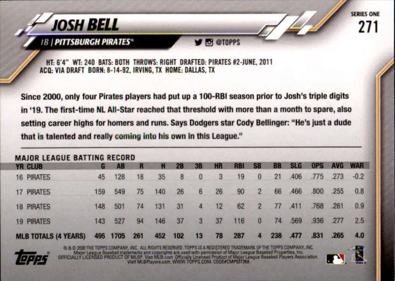 2020 Topps #271 Josh Bell NM-MT Pittsburgh Pirates Baseball Card - Baseball Card Single