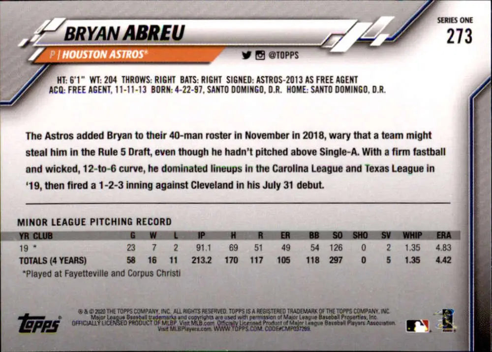 2020 Topps #273 Bryan Abreu NM-MT RC Rookie Houston Astros Baseball Card - Baseball Card Single