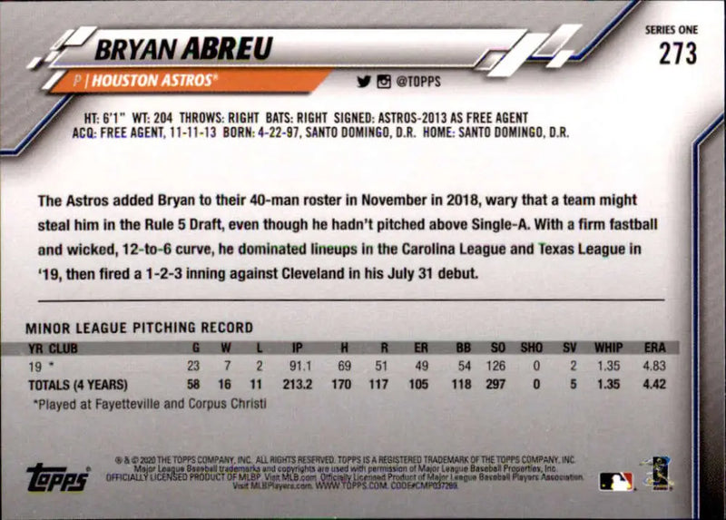 2020 Topps #273 Bryan Abreu NM-MT RC Rookie Houston Astros Baseball Card - Baseball Card Single