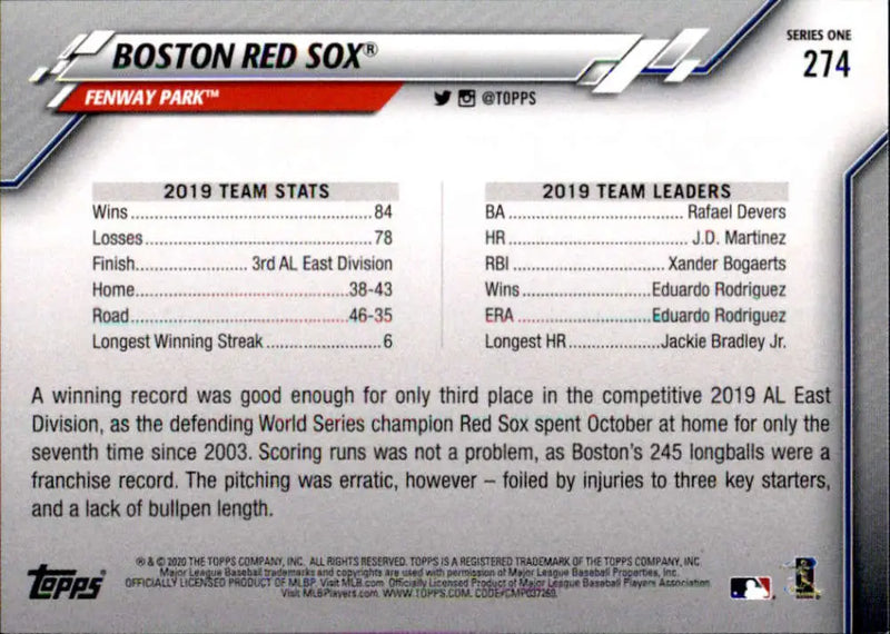 2020 Topps #274 Boston Red Sox NM-MT Baseball Card - Baseball Card Single