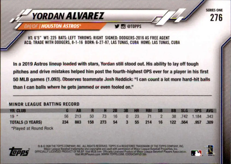 2020 Topps #276 Yordan Alvarez NM-MT RC Rookie Houston Astros Baseball Card - Baseball Card Single