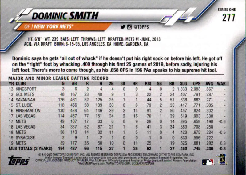 2020 Topps #277 Dominic Smith NM-MT New York Mets Baseball Card - Baseball Card Single