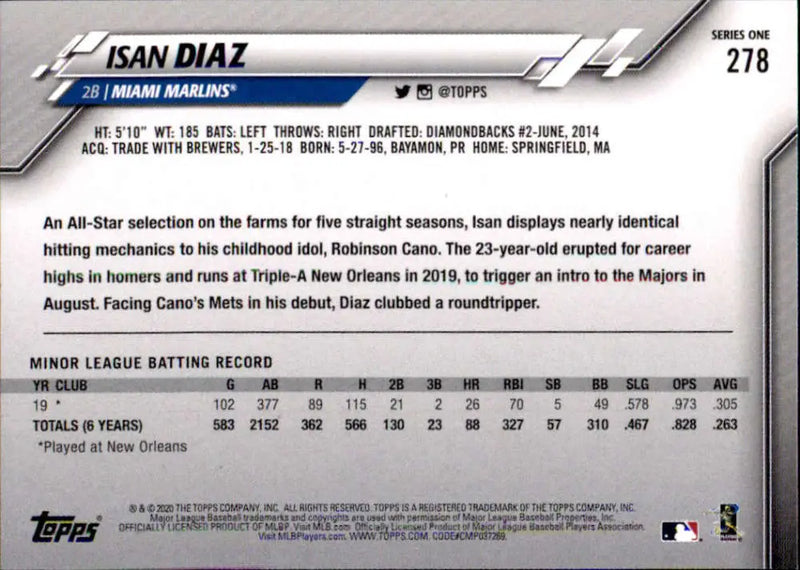 2020 Topps #278 Isan Diaz NM-MT RC Rookie Miami Marlins Baseball Card - Baseball Card Single