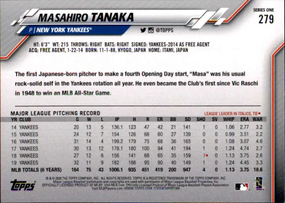 2020 Topps #279 Masahiro Tanaka NM-MT New York Yankees Baseball Card - Baseball Card Single
