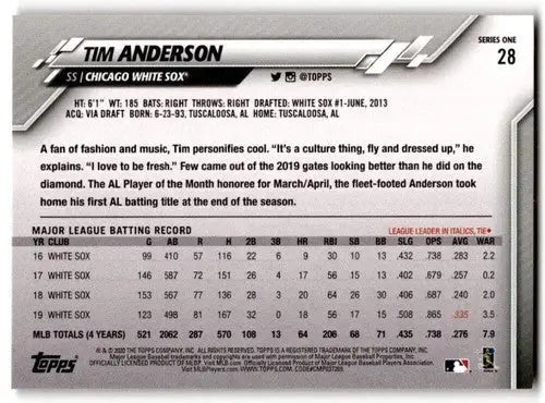 Tim Anderson baseball card with original gloss from 2020 Topps White Sox series