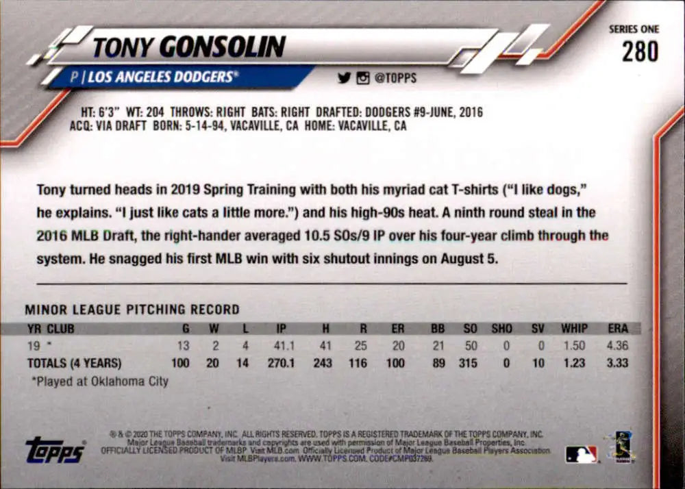 2020 Topps #280 Tony Gonsolin NM-MT RC Rookie Los Angeles Dodgers Baseball Card - Baseball Card Single