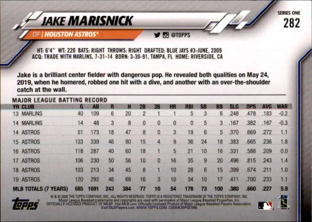 2020 Topps #282 Jake Marisnick NM-MT Houston Astros Baseball Card - Baseball Card Single