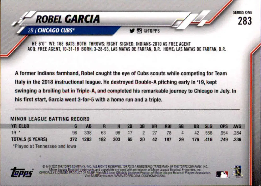 2020 Topps #283 Robel Garcia NM-MT RC Rookie Chicago Cubs Baseball Card - Baseball Card Single