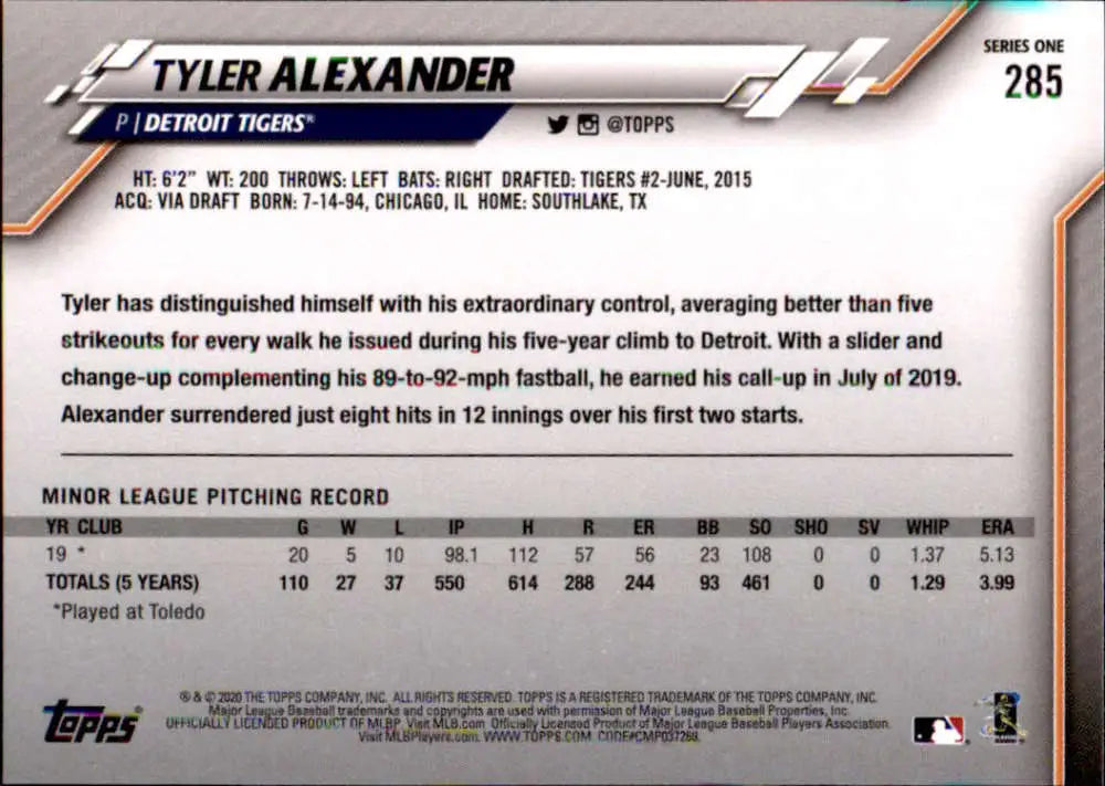 2020 Topps #285 Tyler Alexander NM-MT RC Rookie Detroit Tigers Baseball Card - Baseball Card Single