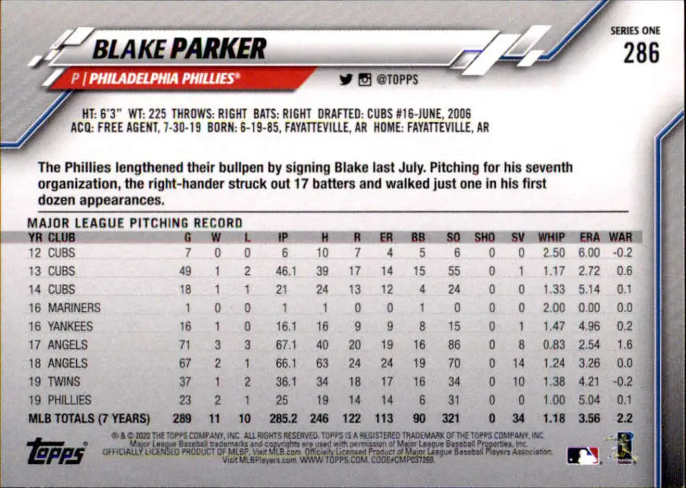 2020 Topps #286 Blake Parker NM-MT Philadelphia Phillies Baseball Card - Baseball Card Single