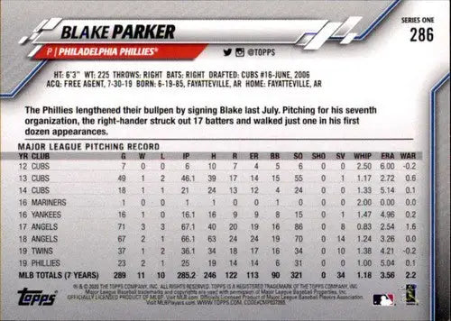 2020 Topps #286 Blake Parker NM-MT Phillies ID:25635 - Baseball Card Single