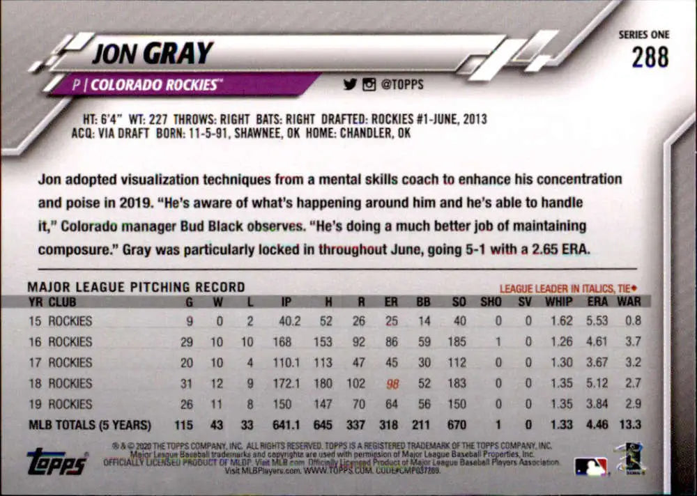 2020 Topps #288 Jon Gray NM-MT Colorado Rockies Baseball Card - Baseball Card Single