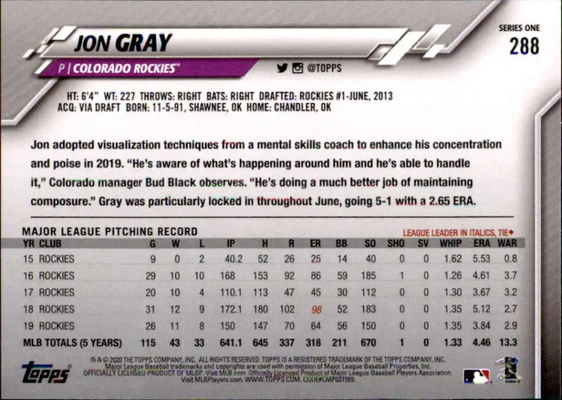 2020 Topps #288 Jon Gray NM-MT Colorado Rockies Baseball Card - Baseball Card Single