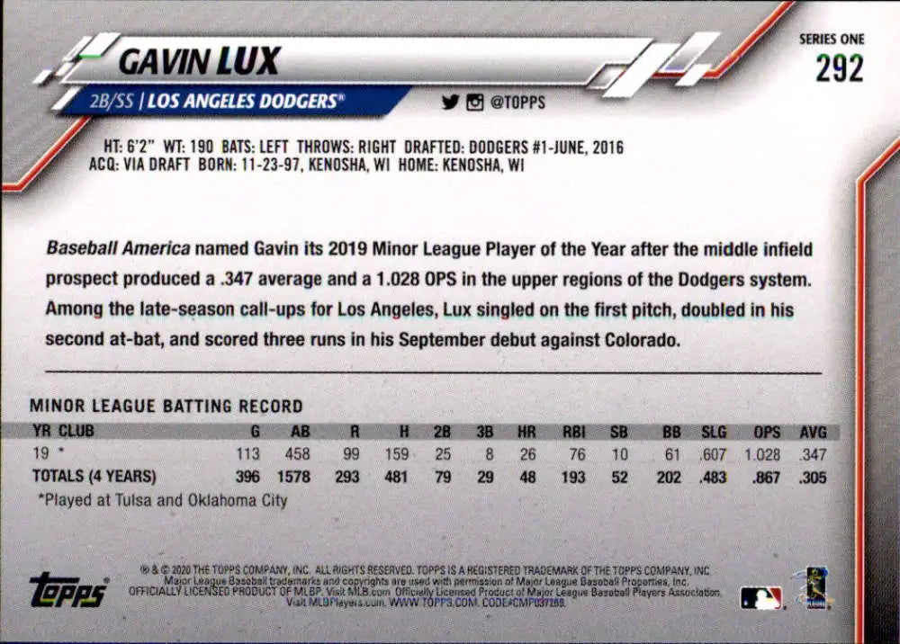 2020 Topps #292 Gavin Lux NM-MT RC Rookie Los Angeles Dodgers Baseball Card - Baseball Card Single