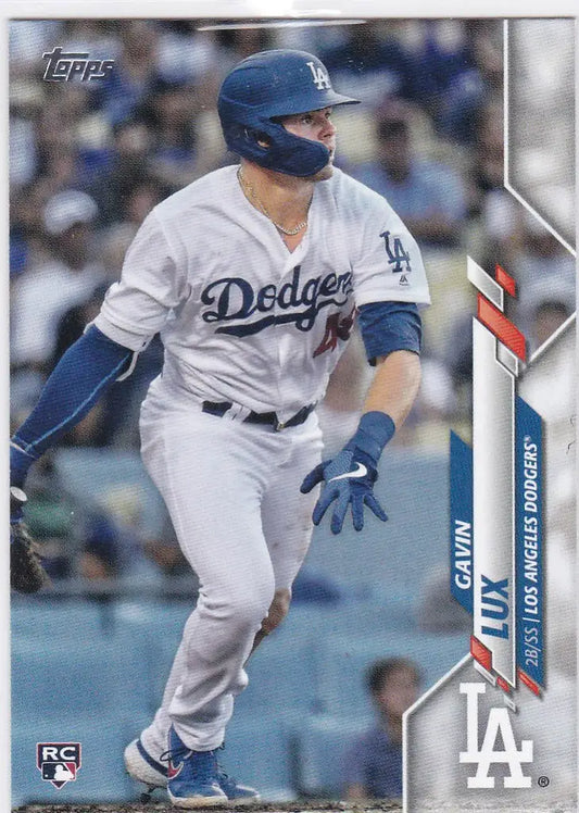 Baseball card of Gavin Lux RC, Los Angeles Dodgers player at bat, 2020 Topps #292